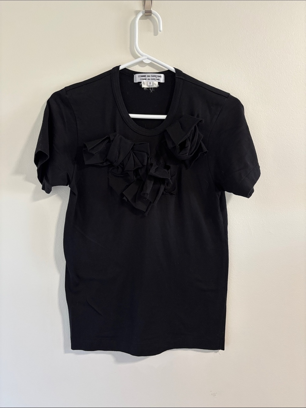 Comme des Garcons Black Short-Sleeve Tee with Floral Ruffle Appliqué Size S